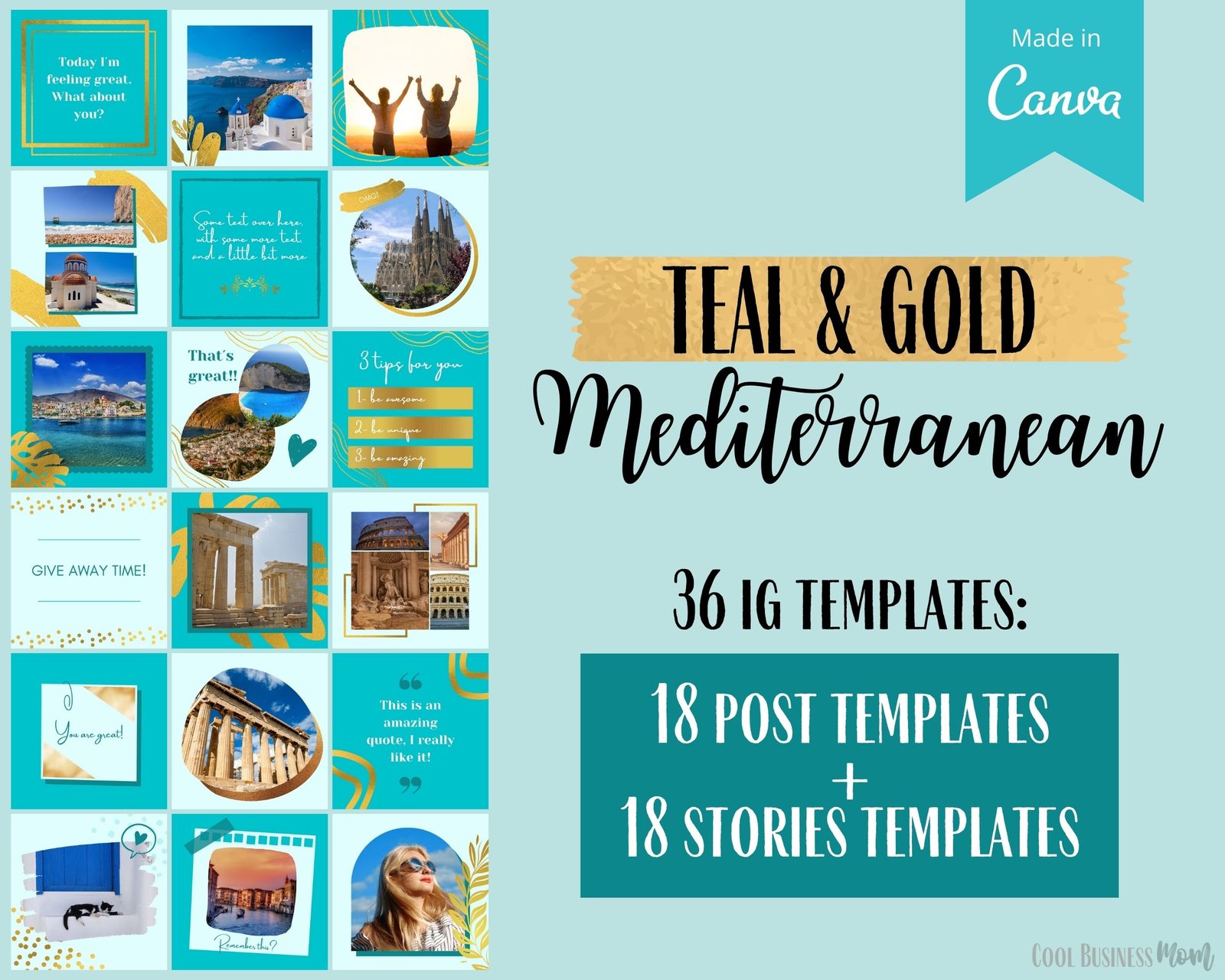 Instagram Template Blue - Teal and Gold IG post and story editable templates Canva | great for travel business | Instagram Grid Template