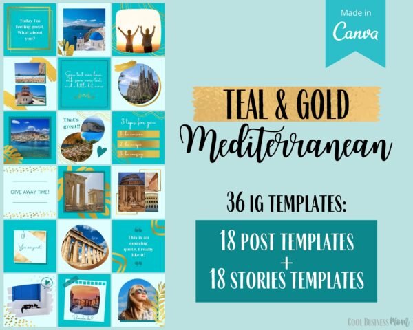 Instagram Template Blue - Teal and Gold IG post and story editable templates Canva | great for travel business | Instagram Grid Template